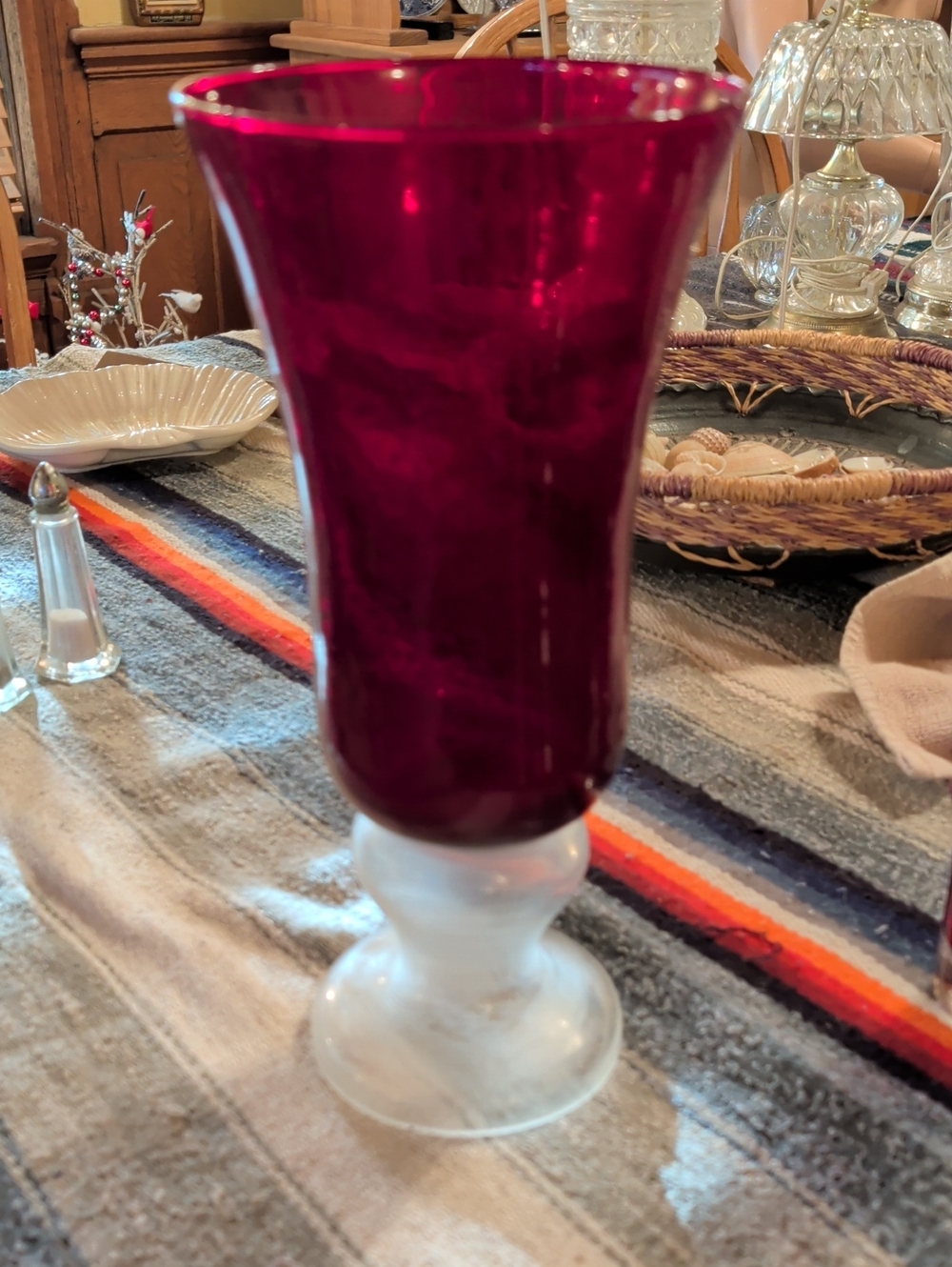 Decorative Ruby Red Glass Vase with Clear Base